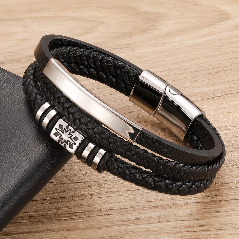 Cross-Border New Leather Rope Bracelet European and American Stainless Steel Multi-Layer Leather Braided Bracelet Jewelry Men's Jewelry