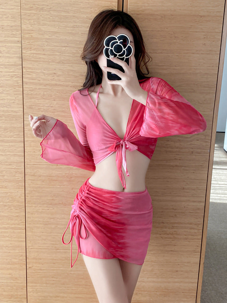 Swimsuit Women's Bikini Four-Piece Split Slimming Look Small Breasts 2025 New Long-Sleeved Hot Spring Girl Swimsuit High-End