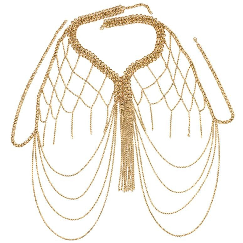 European and American Cross-Border Jewelry Women's Metal Mesh Cut Out Tassel Multi-Layer Chest Chain Nightclub Performance Fashion Clothing Accessories