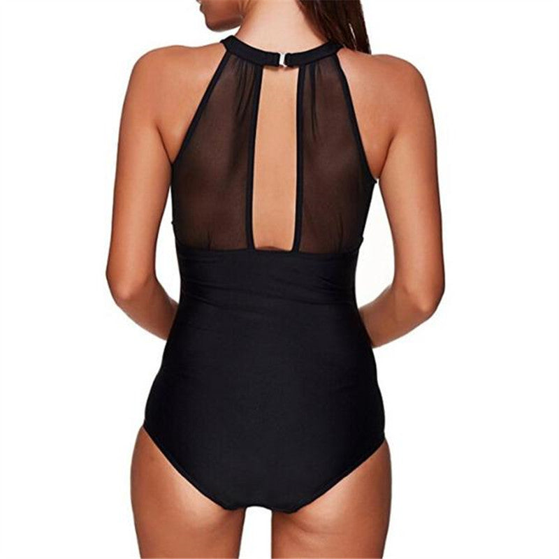 Cross-border New European and American Women's Swimsuit Chest Mesh Stitching Pleated Craft Swimwear Bikini Wholesale