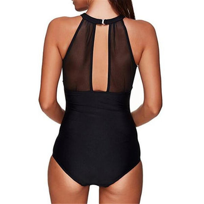 Cross-border New European and American Women's Swimsuit Chest Mesh Stitching Pleated Craft Swimwear Bikini Wholesale