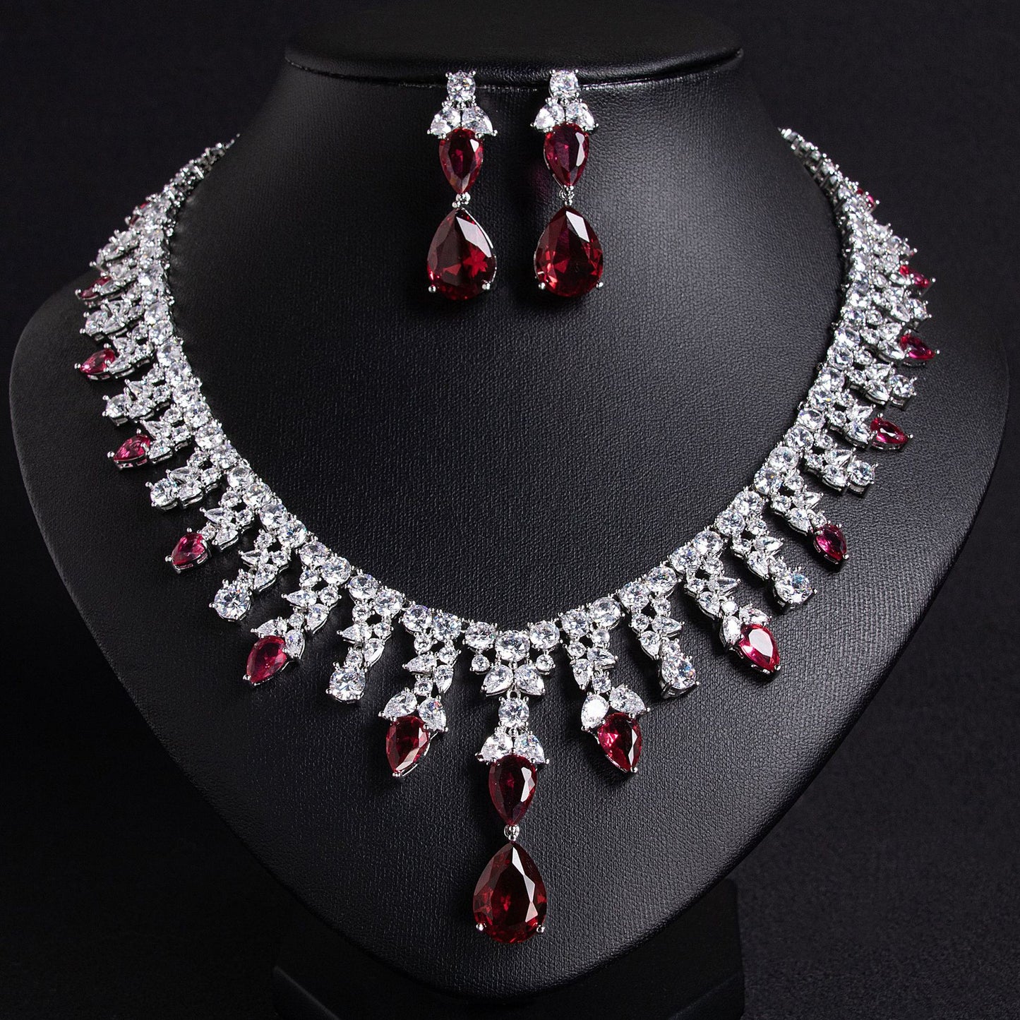 Luxury Dinner Dress Jewelry Red Zircon Necklace suit High-end Wedding Micro-inlay Bridal Wedding Earrings Jewelry