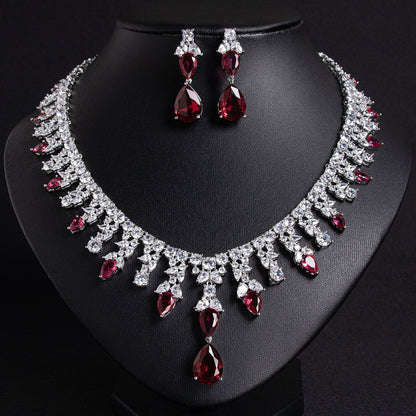 Luxury Dinner Dress Jewelry Red Zircon Necklace suit High-end Wedding Micro-inlay Bridal Wedding Earrings Jewelry