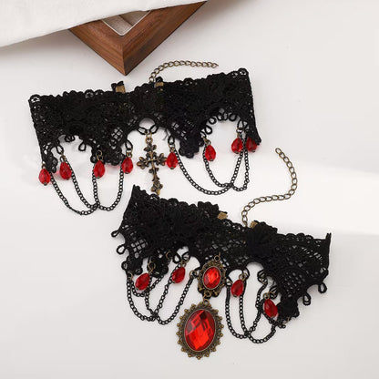 European and American Cross-Border Jewelry Gothic Style Halloween Cross Gemstone Necklace Niche Lace Tassel Necklace Accessories
