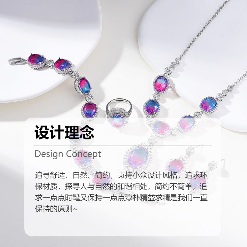 European and American fashion four-piece jewelry caibao zircon necklace suit high temperament earrings jewelry suit multicolor