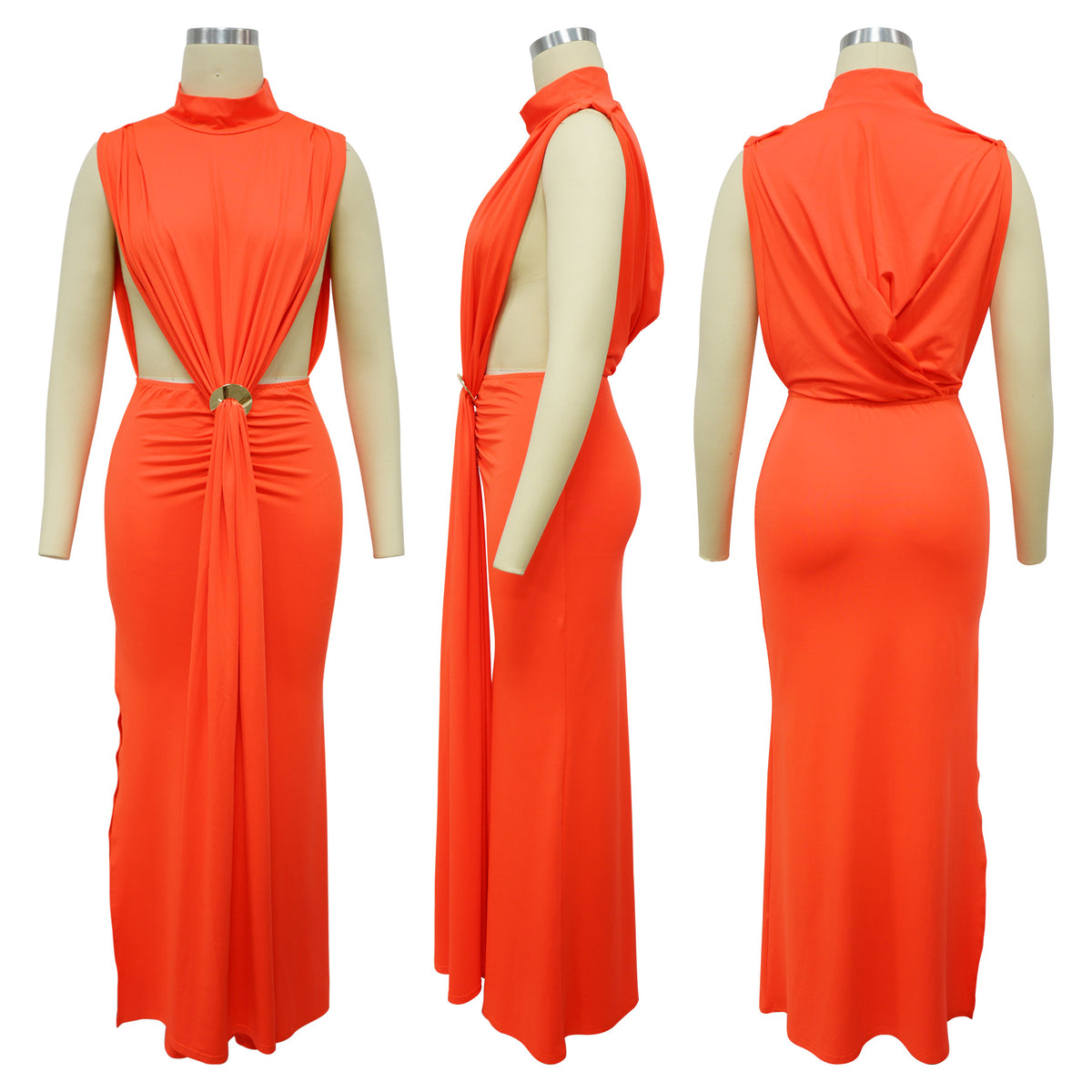 CM.YAYA Women O-neck High Split Ruched Stacked Bodycon Midi Maxi Dress 2024 Evening Party Club Vestidos Sexy Chic Long Dresses
