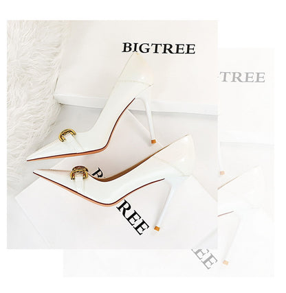 Luxury Women Pumps Metal Belt Buckle High Heels Patent Leather Women Heels Stilettos Career OL Office Shoes Plus Size 41 42 43