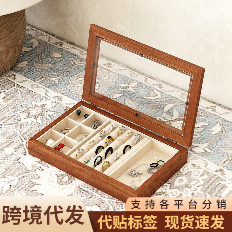 Solid Wood Flannel Jewelry Box Storage Box Ring Necklace Earrings Earrings Desktop Display Box Vintage