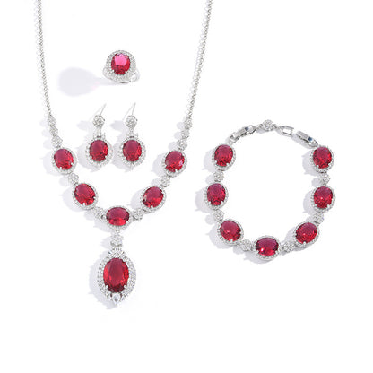 European and American fashion four-piece jewelry caibao zircon necklace suit high temperament earrings jewelry suit multicolor