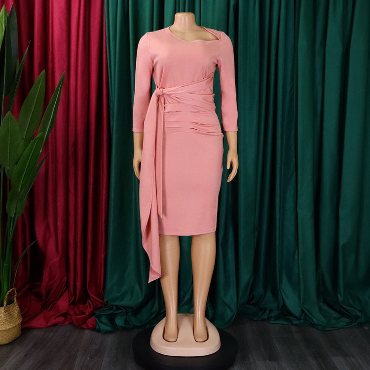 D3168 European and American Clothing Summer Office Dress Three-Quarter Sleeve Pleated Strap Professional Large Size African Dress