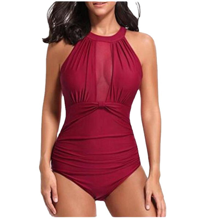 Cross-border New European and American Women's Swimsuit Chest Mesh Stitching Pleated Craft Swimwear Bikini Wholesale