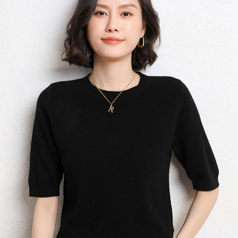 2025 Spring and Summer New Style Knitted Short-Sleeved Women's Round Neck Bottoming Knitted Pullover Half-Sleeved Sweater Loose Bottoming Sweater