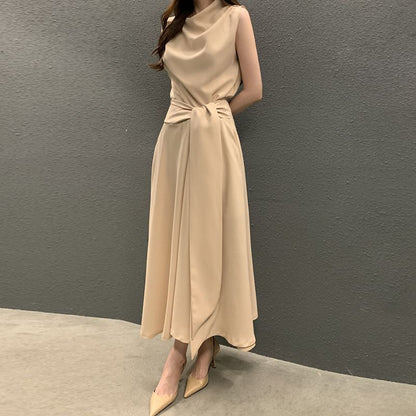 Korean Chic Summer French Elegant Pile Collar Strap Waist Slimming Look Sleeveless Vest Dress Mid-Length Skirt for Women