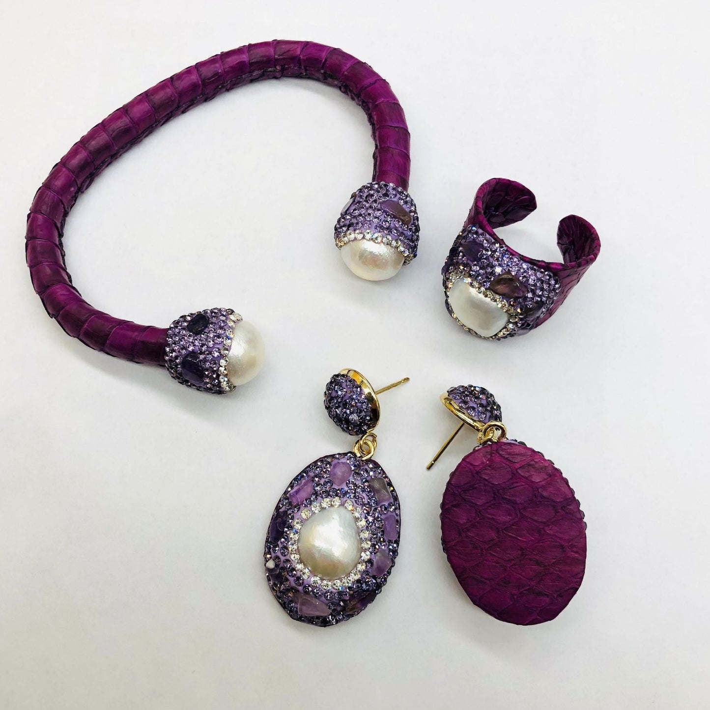 Purple Snakeskin Pearl Jewelry suit Ring Earrings Bracelet Women's Handmade Inlaid Amethyst Diamond Personality Fashion