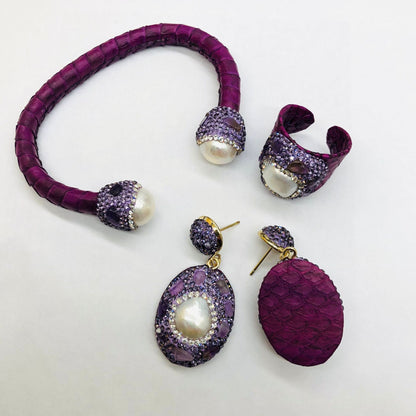 Purple Snakeskin Pearl Jewelry suit Ring Earrings Bracelet Women's Handmade Inlaid Amethyst Diamond Personality Fashion