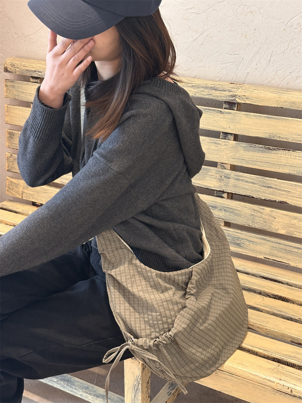 Retro Plaid Hobos Messenger Bags for Women Drawstring Pocket Nylon Dumpling Bag Large Capacity Portable Travel Shoulder Bags