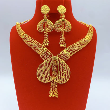 Imitation gold flower necklace earrings suit Dubai India Nigeria brass gold plated women wedding jewelry lot