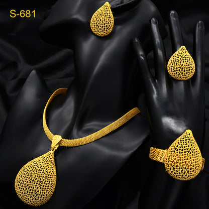 24K Gold Dubai Explosions Bride Four-piece Flower Rhinestone Jewelry Alloy Necklace Bracelet Earrings Ring