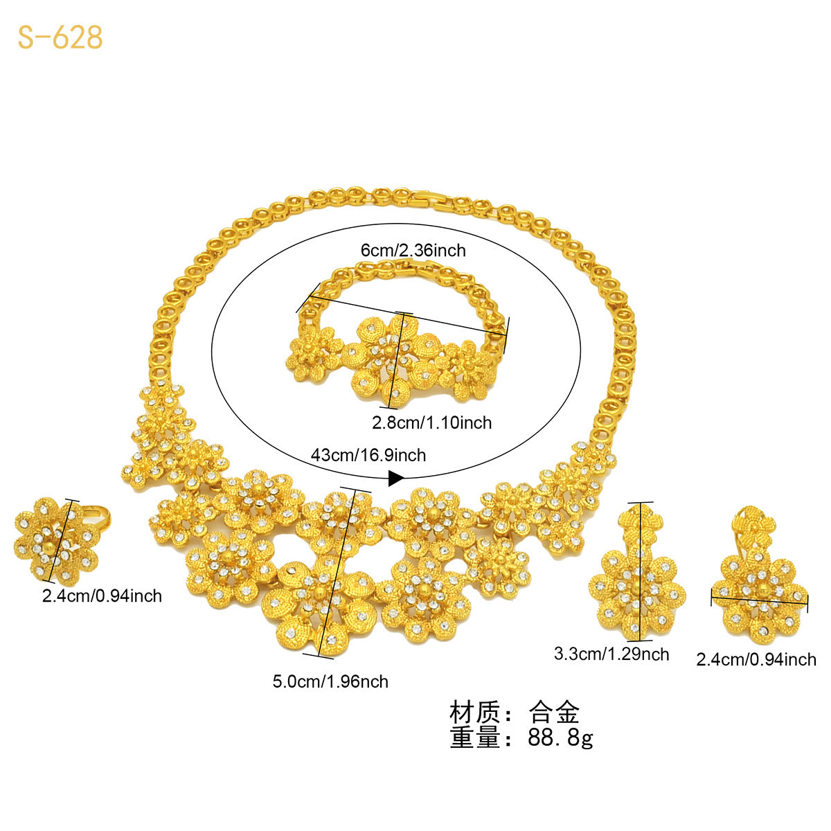 24K Gold Dubai Explosions Bride Four-piece Flower Rhinestone Jewelry Alloy Necklace Bracelet Earrings Ring