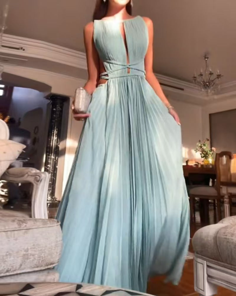 25 Summer New Amazon Cross-border Hot Sale Pleated Lace-up Sleeveless Backless Solid Color Slim-fit Large dress