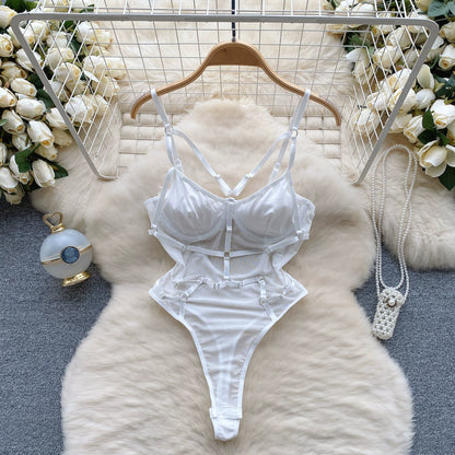 CHILLGIO Women Sexy Lace Strappy Rompers Lingerie One Piece Combination Bodycon Catsuits Sheer Fashion Solid Push Up Bodysuits