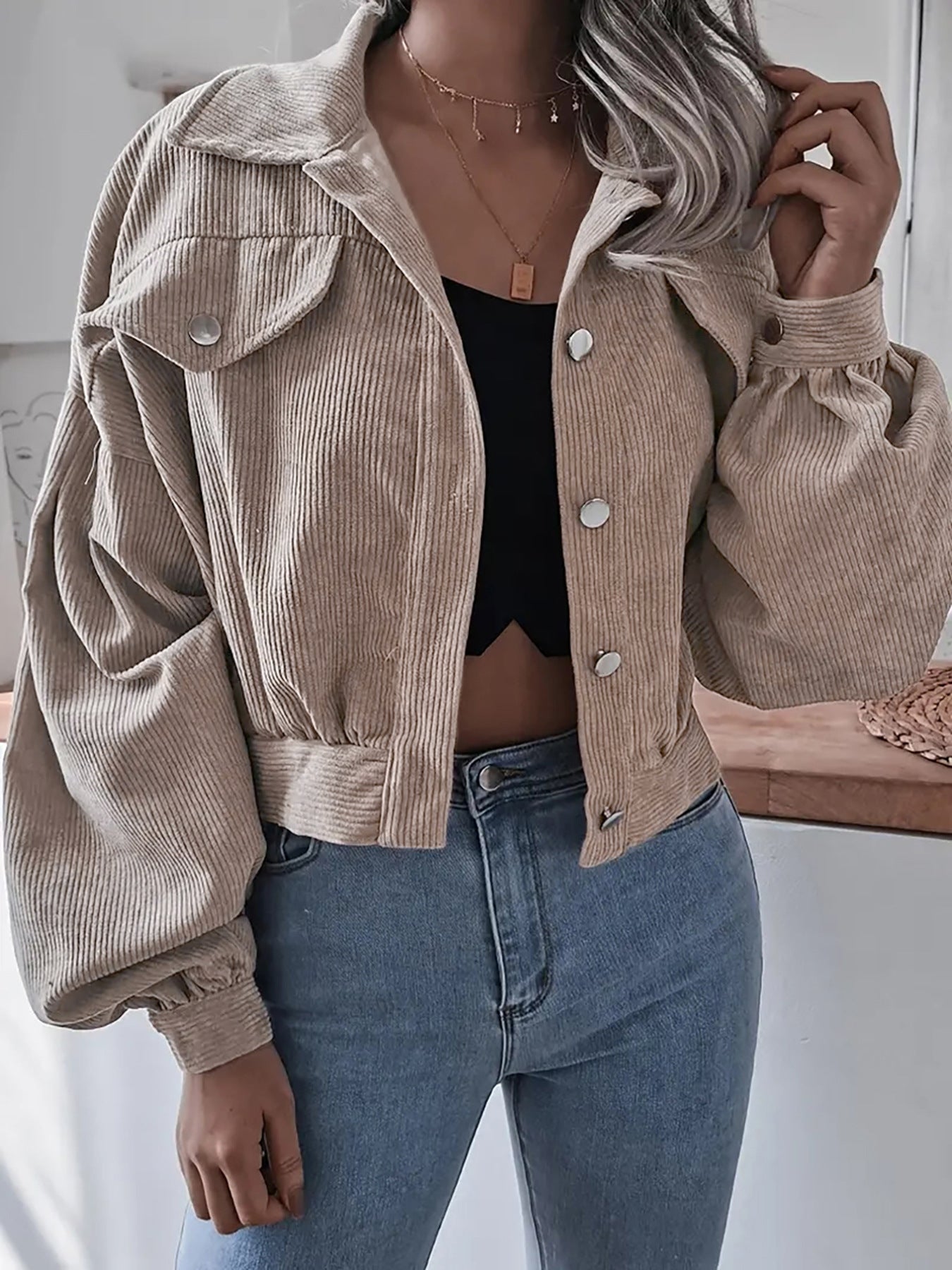 Ins Style Autumn and Winter European and American Lantern Long-Sleeved Corduroy Casual Short Outwear Jacket Amazon Hot Cross-Border Women's Clothing