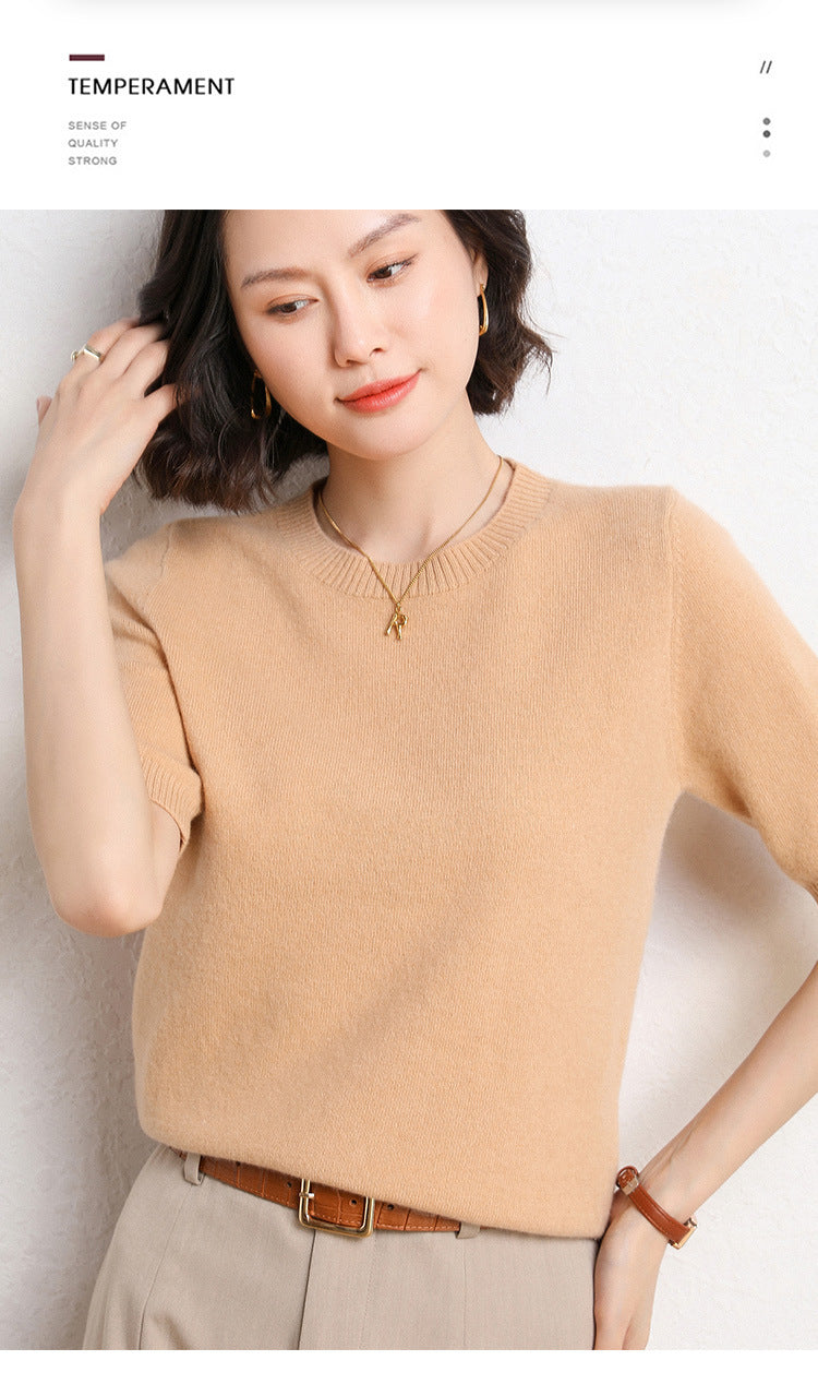 2025 Spring and Summer New Style Knitted Short-Sleeved Women's Round Neck Bottoming Knitted Pullover Half-Sleeved Sweater Loose Bottoming Sweater