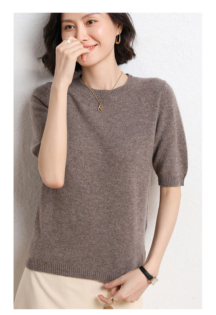 2025 Spring and Summer New Style Knitted Short-Sleeved Women's Round Neck Bottoming Knitted Pullover Half-Sleeved Sweater Loose Bottoming Sweater