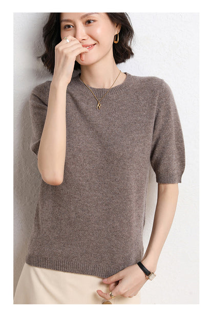 2025 Spring and Summer New Style Knitted Short-Sleeved Women's Round Neck Bottoming Knitted Pullover Half-Sleeved Sweater Loose Bottoming Sweater