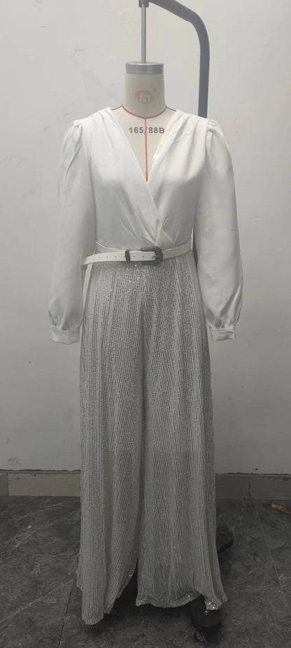 2025 Dress Women's Spring & Fall High-End V Neck Long-Sleeved Shirt Elegant Waist Sequin French Wide-Leg Pants