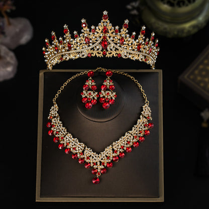 European and American Bride Jewelry Three-piece Suit High-class Dance Wedding Jewelry Alloy Diamond Crown Necklace Earrings suit