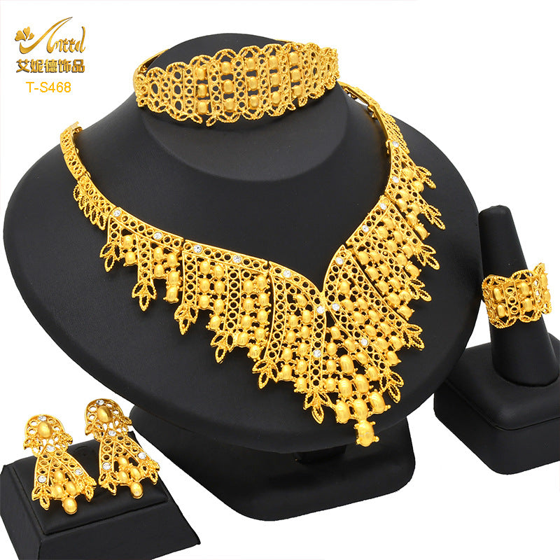 Cross-border hot selling four-piece Indian Dubai gold jewelry necklace bracelet ring earrings bridal wedding big jewelry
