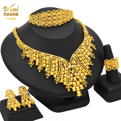 Cross-border hot selling four-piece Indian Dubai gold jewelry necklace bracelet ring earrings bridal wedding big jewelry
