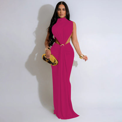CM.YAYA Women O-neck High Split Ruched Stacked Bodycon Midi Maxi Dress 2024 Evening Party Club Vestidos Sexy Chic Long Dresses