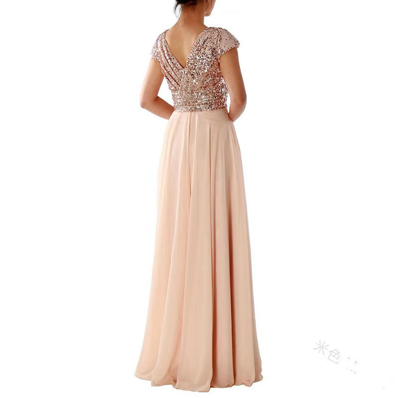 2025 Cross-Border New Spring and Summer European and American Clothing Sleeveless Dress V Neck Sequined Elegant Chiffon Splicing Evening Dress