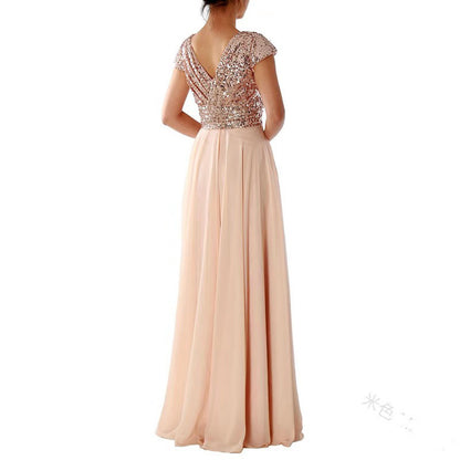 2025 Cross-Border New Spring and Summer European and American Clothing Sleeveless Dress V Neck Sequined Elegant Chiffon Splicing Evening Dress