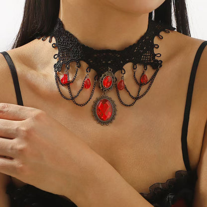 European and American Cross-Border Jewelry Gothic Style Halloween Cross Gemstone Necklace Niche Lace Tassel Necklace Accessories