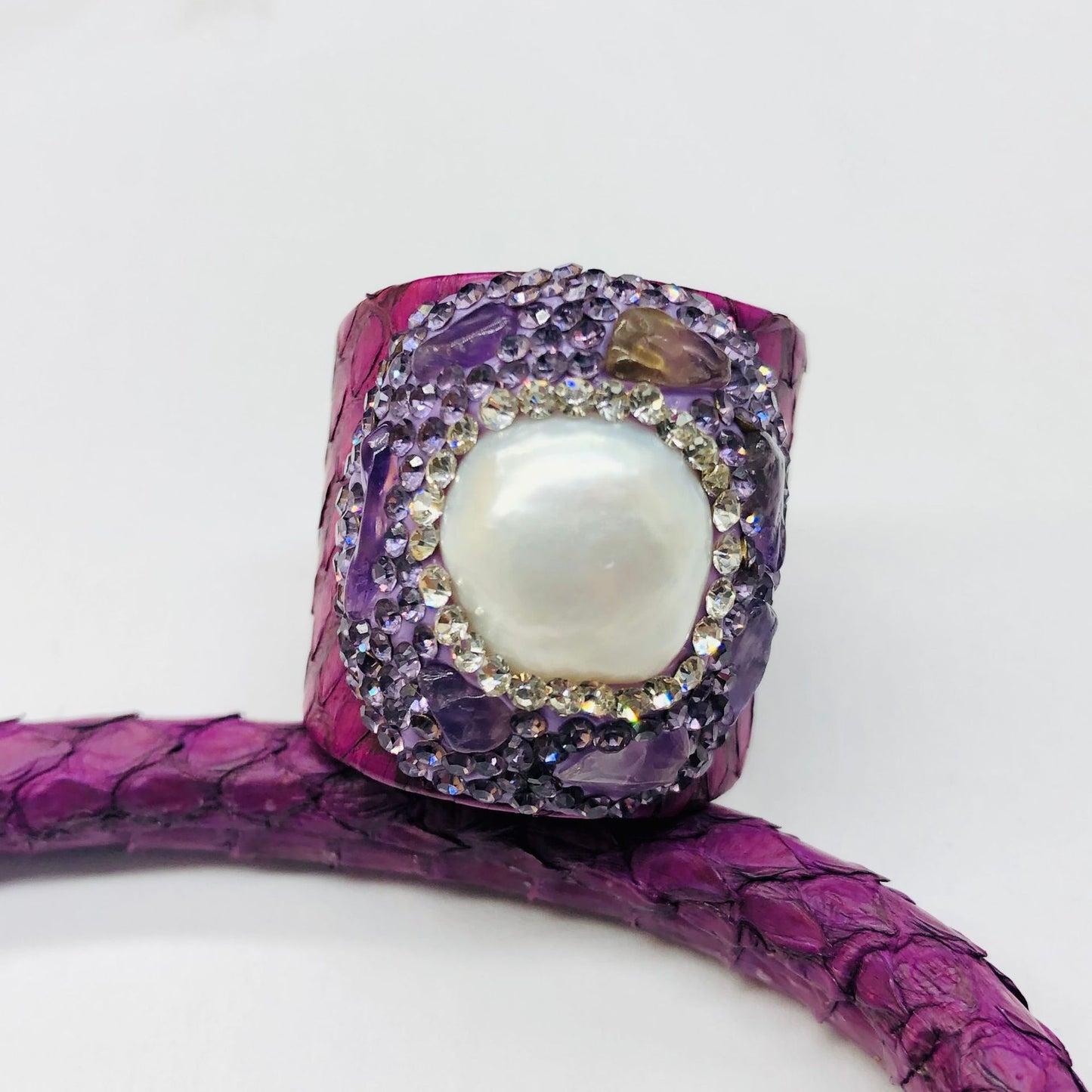 Purple Snakeskin Pearl Jewelry suit Ring Earrings Bracelet Women's Handmade Inlaid Amethyst Diamond Personality Fashion