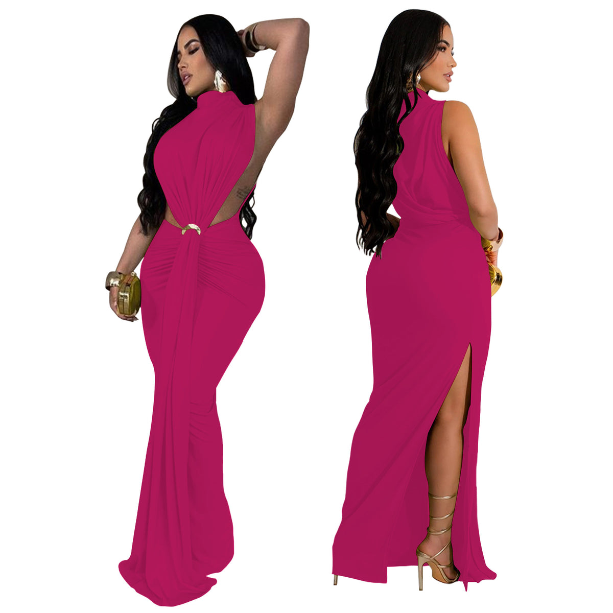 CM.YAYA Women O-neck High Split Ruched Stacked Bodycon Midi Maxi Dress 2024 Evening Party Club Vestidos Sexy Chic Long Dresses