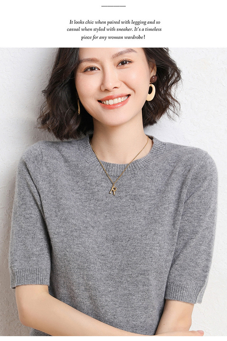 2025 Spring and Summer New Style Knitted Short-Sleeved Women's Round Neck Bottoming Knitted Pullover Half-Sleeved Sweater Loose Bottoming Sweater