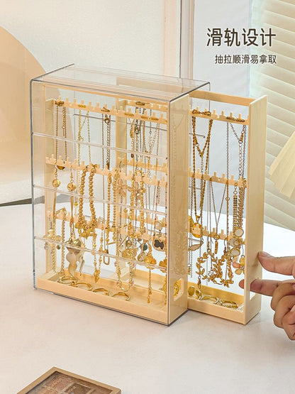 Gold Jewelry Storage Box Dust-proof Pull-out Anti-oxidation Earrings Necklace Ring Display Stand Desktop High-end Light Luxury
