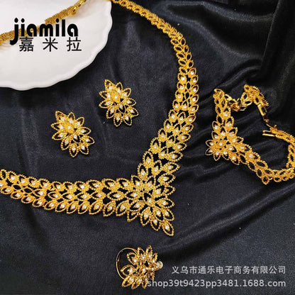 Jamila Middle East 24K Gold-Plated Women's Necklace Bracelet Earrings Ring Four-Piece European and American Bridal Jewelry Set