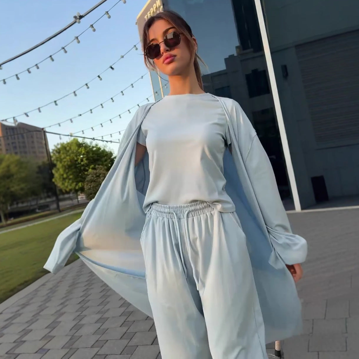 Women Cardigan Vest Wide Leg Pants 3 Piece Sets Top Long Coat Trousers Suit Office Lady Ensemble Spring Summer 2026 Outfits