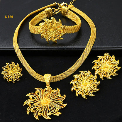 24K Gold Dubai Explosions Bride Four-piece Flower Rhinestone Jewelry Alloy Necklace Bracelet Earrings Ring
