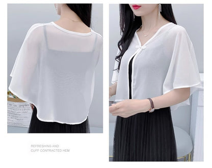 Thin Small Shawl Summer Dress with Sling Skirt Air-conditioning Shirt Women's Cardigan Outer Chiffon Ethnic Style Silver Buckle Small Coat