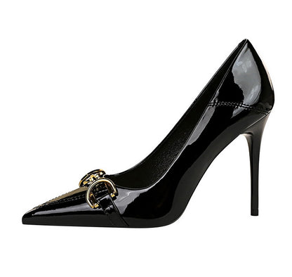 Luxury Women Pumps Metal Belt Buckle High Heels Patent Leather Women Heels Stilettos Career OL Office Shoes Plus Size 41 42 43