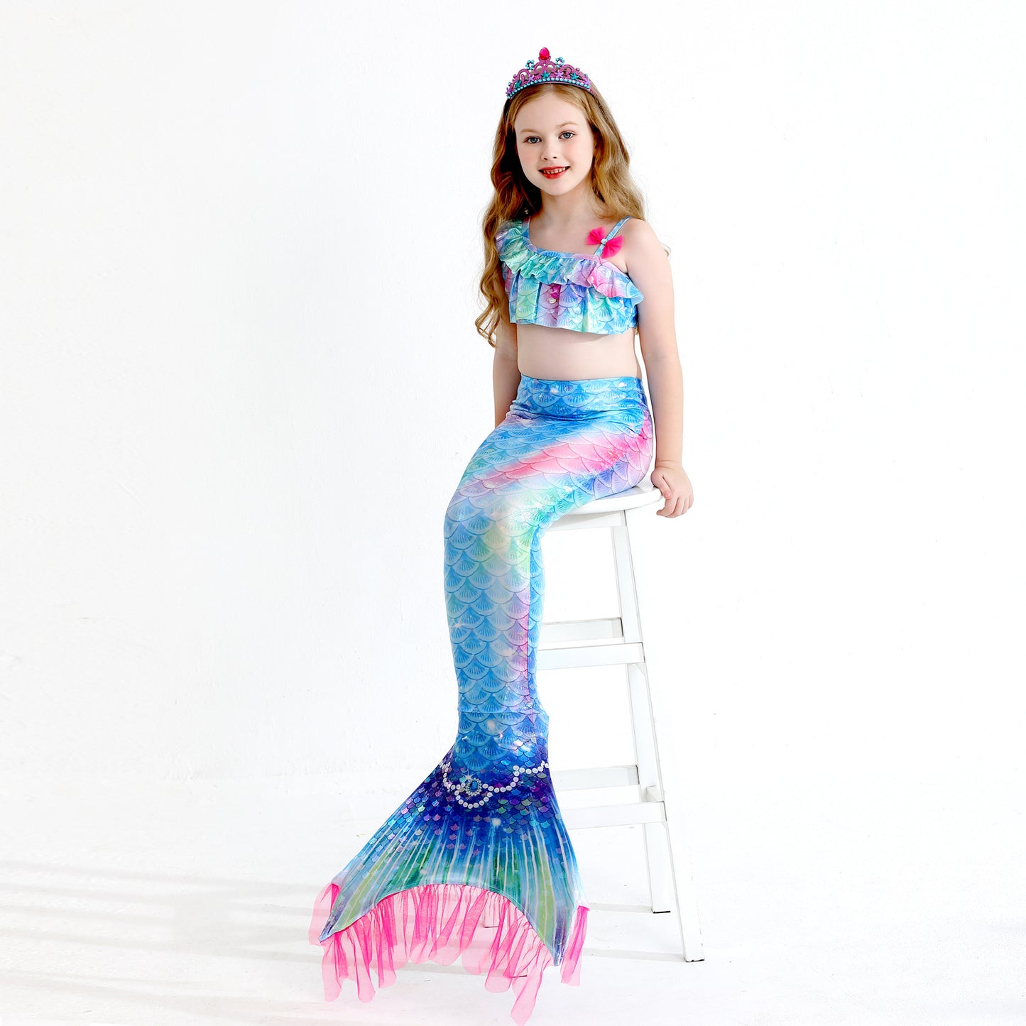 Girls' Mermaid Swimsuit Three-Piece Set Mermaid Tail Cross-Border Popular Bikini Swimsuit Beach Swimwear Shiny