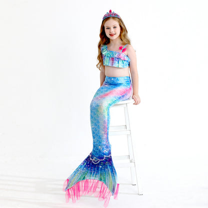 Girls' Mermaid Swimsuit Three-Piece Set Mermaid Tail Cross-Border Popular Bikini Swimsuit Beach Swimwear Shiny