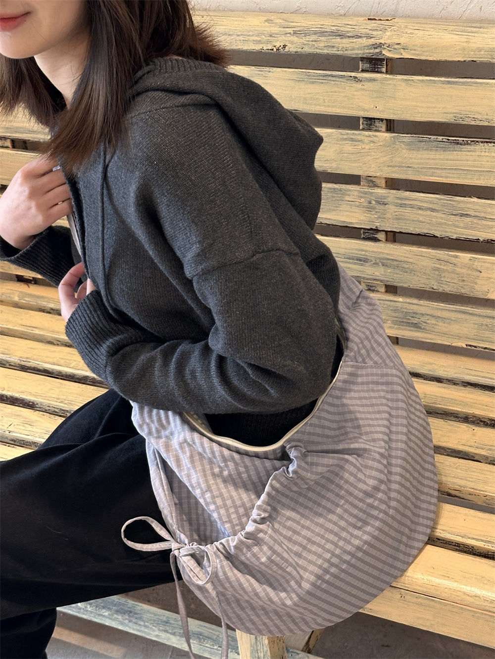 Retro Plaid Hobos Messenger Bags for Women Drawstring Pocket Nylon Dumpling Bag Large Capacity Portable Travel Shoulder Bags