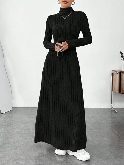 European and American Cross-Border Autumn and Winter Women's Clothing, Slim-Fitting High Collar, Fashionable Solid Color Pit Strip Brushed Long-Sleeved Dress for Women